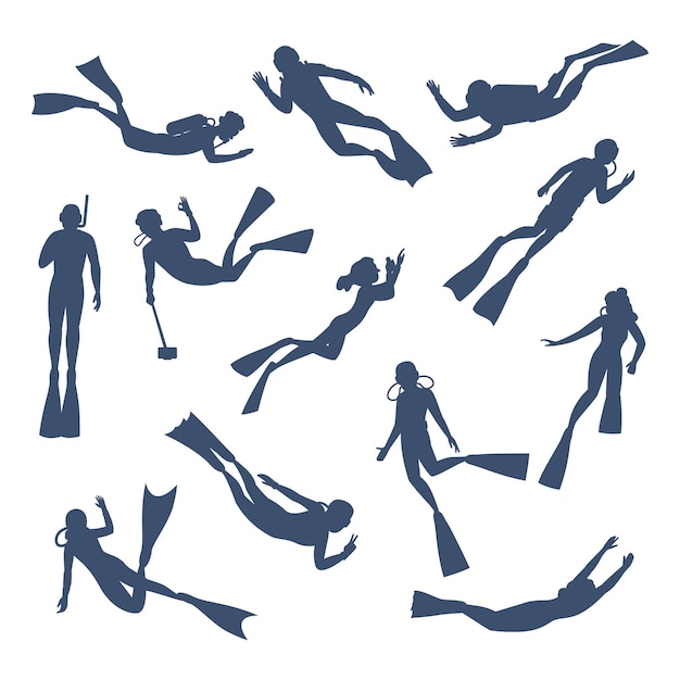 Siluetas de buzos personajes de buceo con herramientas y equipo para explorar y nadar bajo el agua personajes de natación vectorial recientes