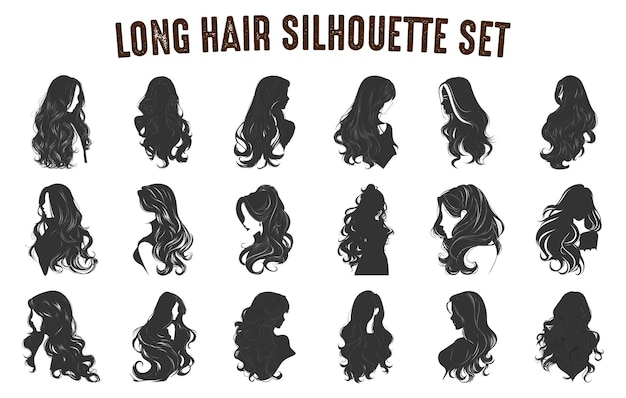 Vector siluetas de cabello de capas largas conjunto vectorial peinados para niñas siluetas para cabello femenino