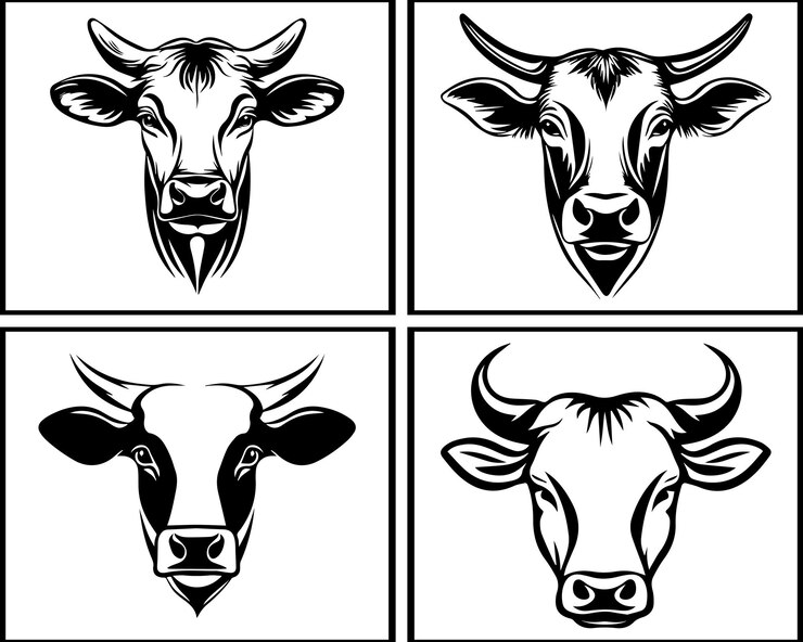 Siluetas de cabezas de vacas en blanco y negro