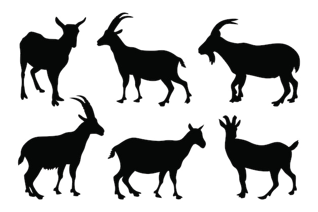 Las siluetas de cabras de montaña establecen una ilustración vectorial plana aislada sobre un fondo blanco