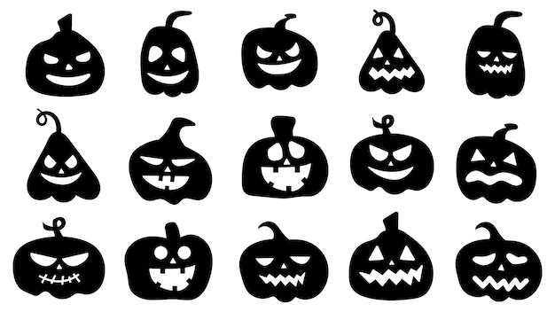 Siluetas de calabazas con diferentes expresiones faciales talladas. Personaje de dibujos animados de calabaza de Halloween. Iconos negros de calabazas con emociones. Ilustración vectorial.