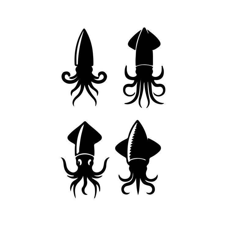 Siluetas de calamares en blanco y negro