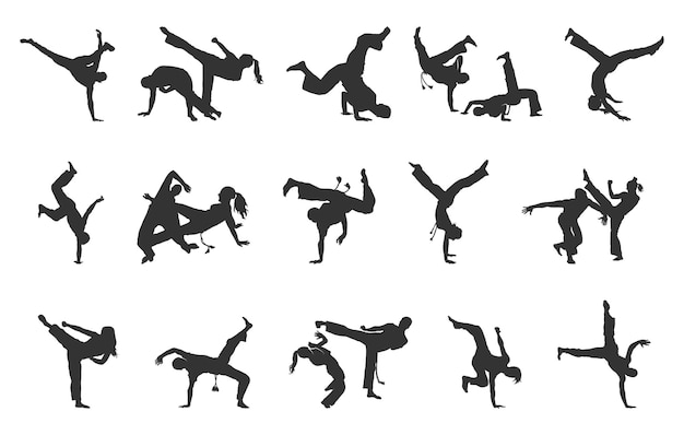 Vector siluetas de capoeira silueta de entrenamiento de capoeira brasil sulueta de lucha de capoeeira