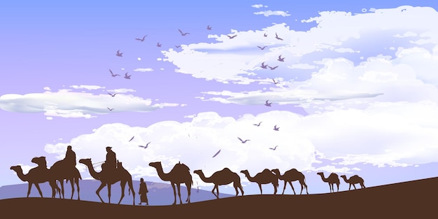 Siluetas de caravanas de camellos que atraviesan el desierto. Ilustración de paisaje para el diseño islámico.
