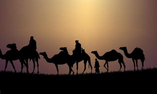 Siluetas de caravanas de camellos que atraviesan el desierto. Ilustración de paisaje para el diseño islámico.