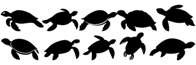 Las siluetas de caretta de tortuga marina se establecen en un gran paquete de diseño de silueta vectorial con fondo blanco aislado