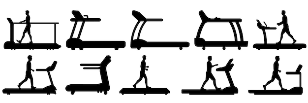 Las siluetas de la cinta de correr de fitness del gimnasio se establecen en un gran paquete de diseño de silueta vectorial aislado