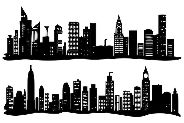 Las siluetas de la ciudad, el paisaje urbano, el conjunto de negro aislado sobre un fondo blanco, ilustración vectorial