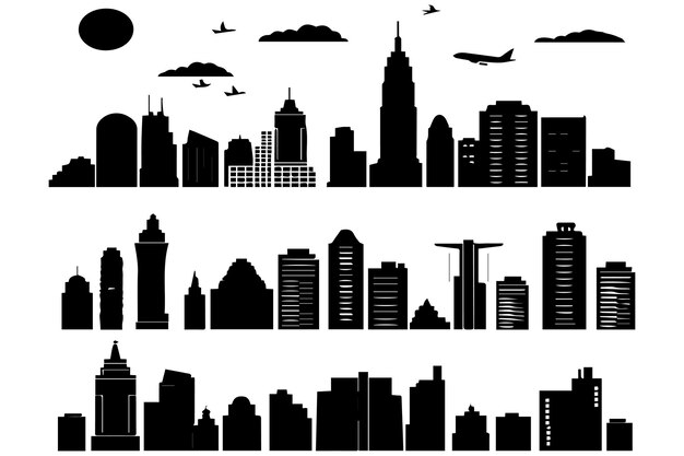 Las siluetas de la ciudad, el paisaje urbano, el conjunto de negro aislado sobre un fondo blanco, ilustración vectorial