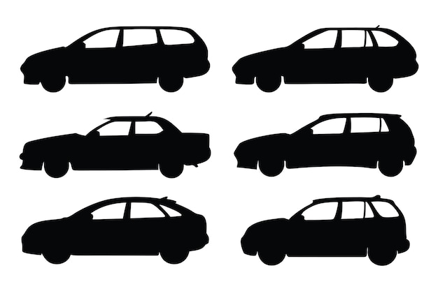 Las siluetas de los coches de la ciudad se establecen en una ilustración vectorial plana aislada sobre un fondo blanco