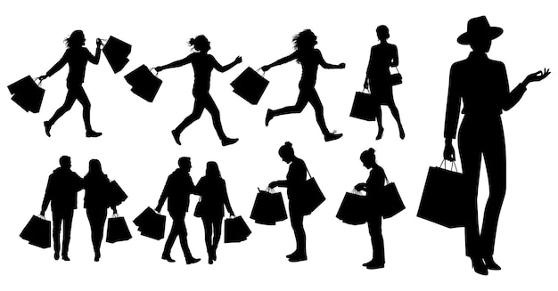 Siluetas de compradores con bolsas de compras