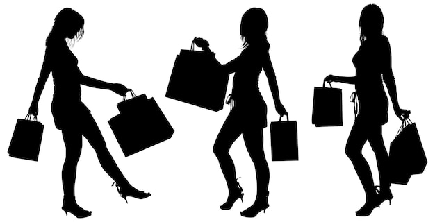 siluetas, compras, niñas, en, fondo urbano