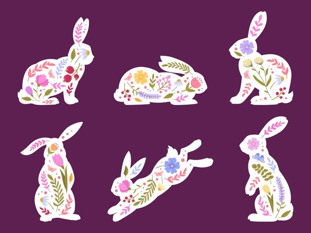 Siluetas de conejito de dibujos animados Conejos lindos de Pascua con flores de primavera decoradas ilustración de vector plano de liebre de Pascua en fondo blanco