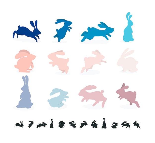 Siluetas de conejitos blancos negros de colores fondo aislado Año chino del zodíaco de conejo Conejito cartel banner calendario Conjunto de diferentes siluetas de conejos para uso de diseño