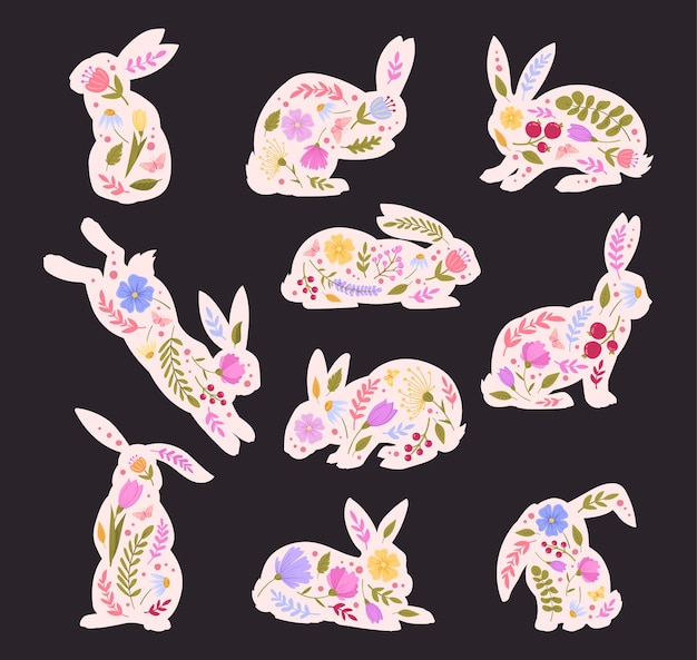 Siluetas de conejitos de Pascua Conejos decorativos con flores de primavera lindos Conejos de Pascua conjunto de ilustraciones vectoriales planas Decoraciones de vacaciones de conejos