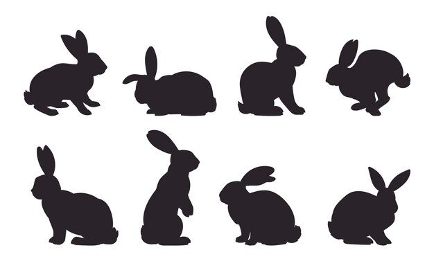 Siluetas de conejitos de Pascua conejos de primavera monocromáticos con orejas liebres de Pascua set de ilustraciones vectoriales planas colección de siluetas de conejo de vacaciones negras