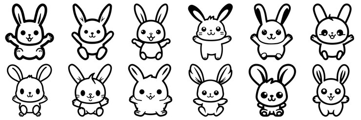 Siluetas de conejo kawaii establecen un gran paquete de diseño de silueta vectorial fondo blanco aislado
