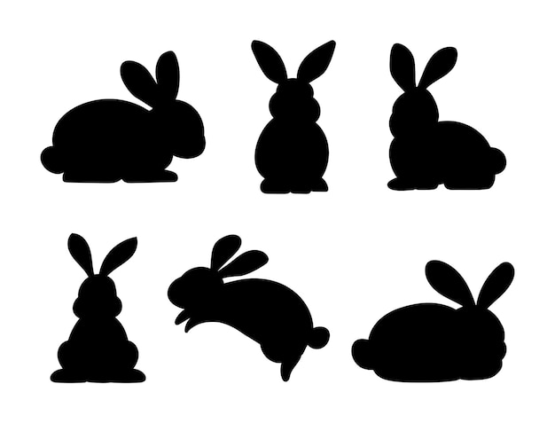 Siluetas de conejos de pascua aislados en un fondo blanco Colección de dibujos animados planos de conejitos