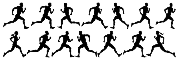 Las siluetas de los corredores se establecen en un gran paquete de diseño de silueta vectorial con fondo blanco aislado