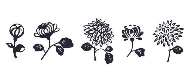Siluetas de crisantemos de jardín decorativo astros flores abstractas ilustración vectorial
