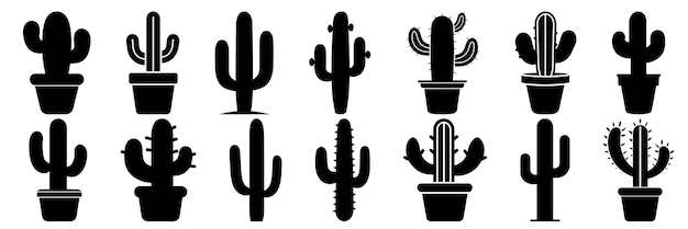 Las siluetas del desierto de cactus establecen un gran paquete de diseño de silueta vectorial aislado fondo blanco