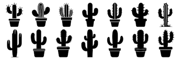 Las siluetas del desierto de cactus establecen un gran paquete de diseño de silueta vectorial aislado fondo blanco