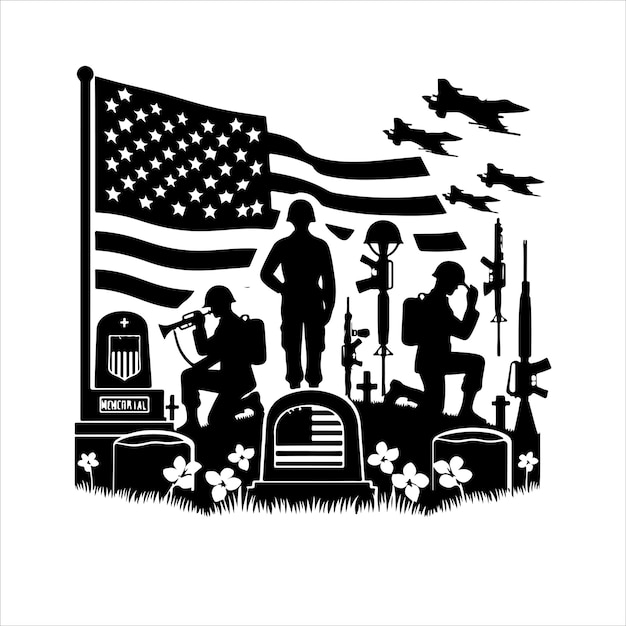 Las siluetas del Día de la Conmemoración del soldado vectorial con la bandera de los Estados Unidos para el Día Nacional de la Condecoración