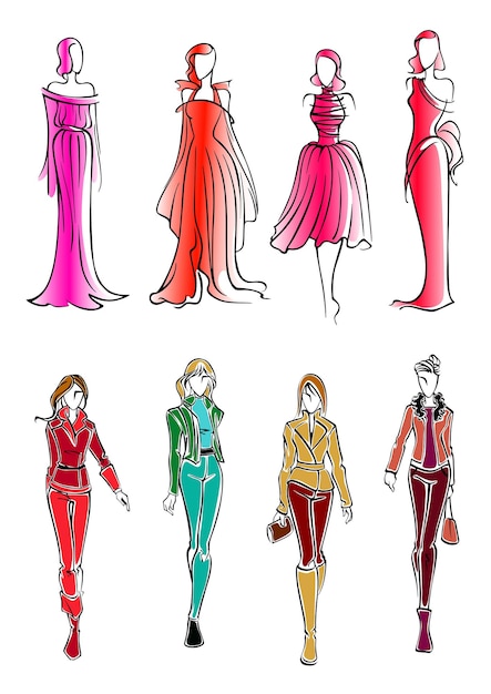 Siluetas de dibujo colorido de chicas de moda