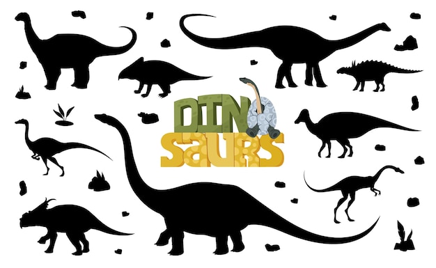 Siluetas de dinosaurios de dibujos animados de animales dino jurásicos Sombras negras vectoriales de monstruos elmisaurus jaxartosaurus y garudimimus magyarosaurus protoceratops quaesitosaurus y struthiosaurus