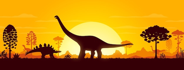 Siluetas de dinosaurios gigantes en el paisaje del atardecer