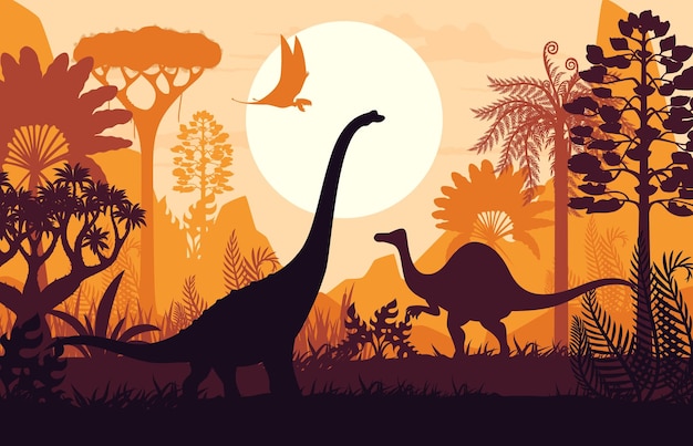 Siluetas de dinosaurios en el paisaje del atardecer del Jurásico