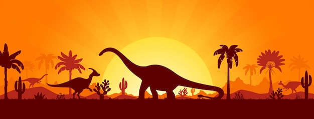 Siluetas de dinosaurios Paisaje de puesta de sol del Jurásico