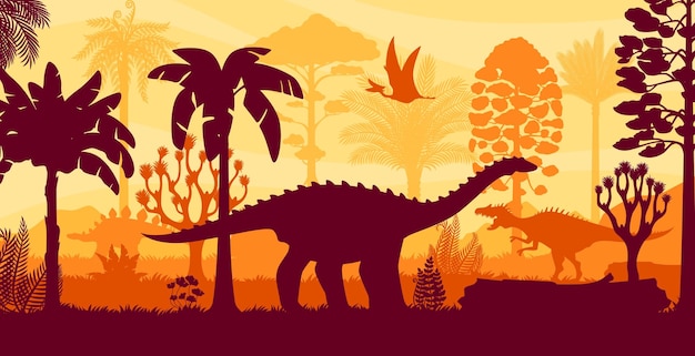 Siluetas de dinosaurios prehistóricos en el bosque de la selva