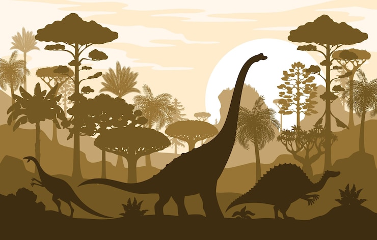 Vector siluetas de dinosaurios en las selvas lagartos del jurásico