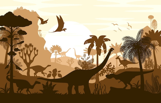 Las siluetas de dinosaurios, la sombra vectorial, la escena del Jurásico