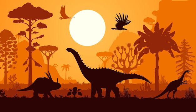 Las siluetas de los dinosaurios son una escena prehistórica vectorial.