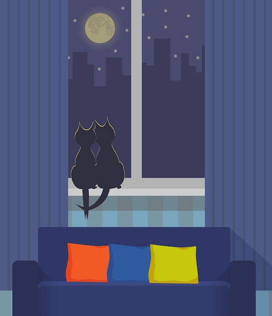 Vector siluetas de dos gatos sentados en un alféizar bajo la luz de la luna ciudad nocturna fuera de la ventana interior acogedor con sofá y almohadas en primer plano ilustración vectorial