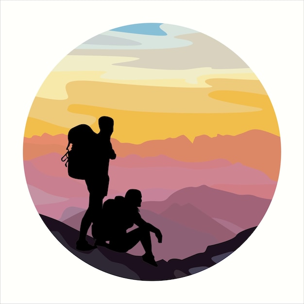 Siluetas de dos turistas con mochilas en el fondo de un paisaje montañoso.
