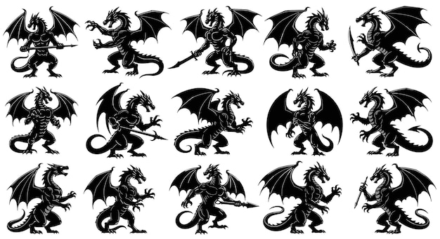 Siluetas de dragones negros en varias poses