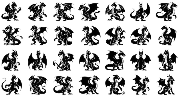 Siluetas de dragones en varias poses