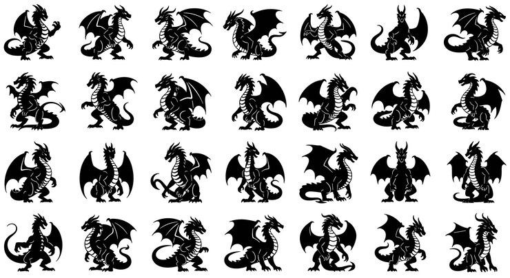 Siluetas de dragones en varias poses