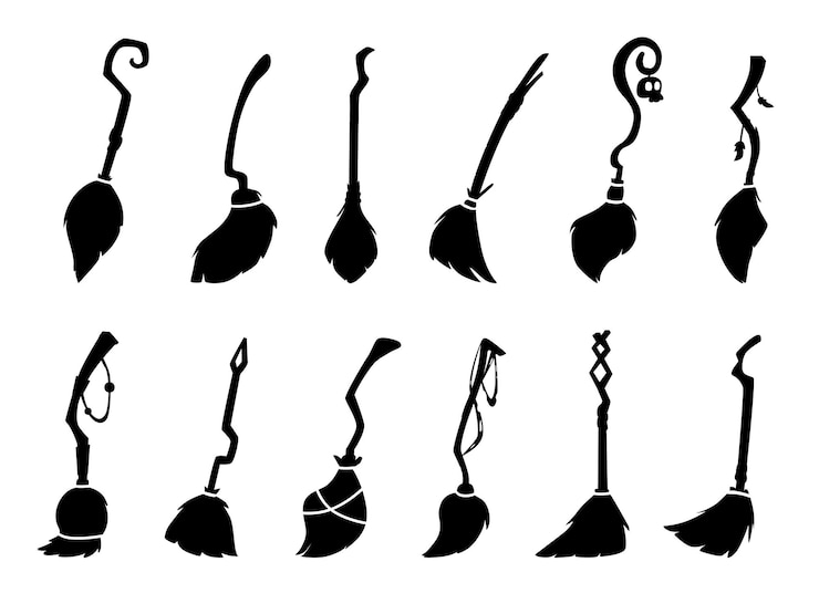 Vector las siluetas de las escobas de brujas negras los elementos mágicos de la escoba aislados el conjunto de escobas vintage las herramientas de limpieza el diseño del símbolo de halloween el clipart vectorial de hoy