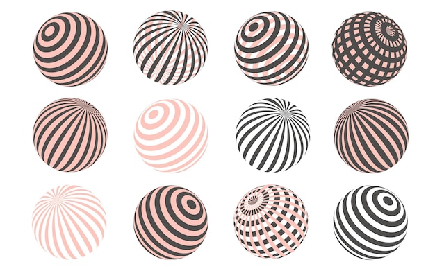 Siluetas de esferas abstractas de globo vectorial con rayas Bolas con textura diferente