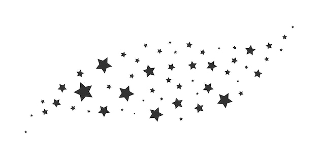 Siluetas de estrellas negras. Efecto de decoración aleatoria mágica para cumpleaños de Navidad o tarjetas de boda, estrellas de brillo de confeti, maqueta de tira curva brillante, decoración caótica vectorial aislada sobre fondo blanco