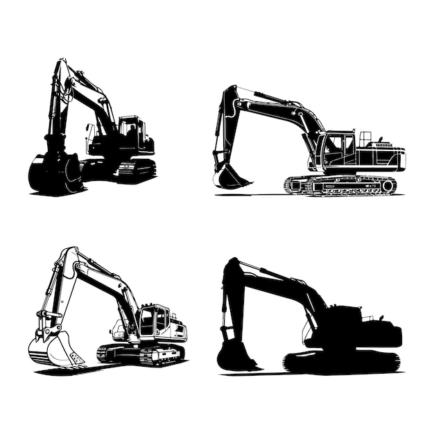 Siluetas de excavador Equipamiento de construcción en acción