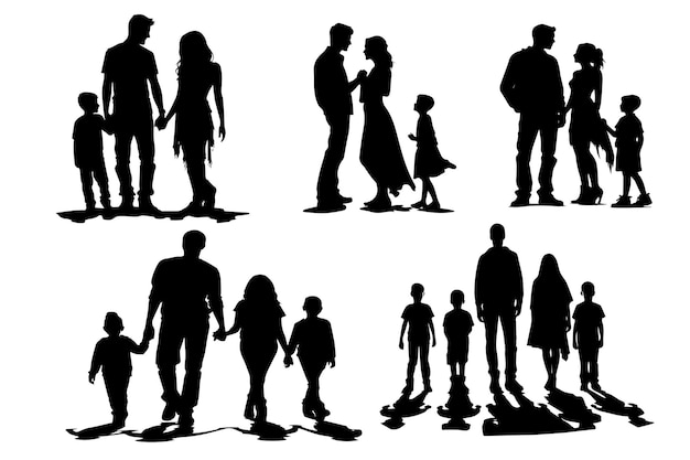 Siluetas familia padre madre hijo e hija desde atrás ilustración gráficos icono vector