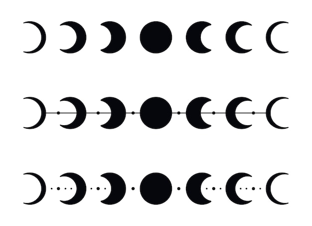 Vector siluetas de fases lunares con estrellas. iconos de la media luna negra. astronomía espacial nocturna. eclipse lunar. ilustración de vector aislado sobre fondo blanco.