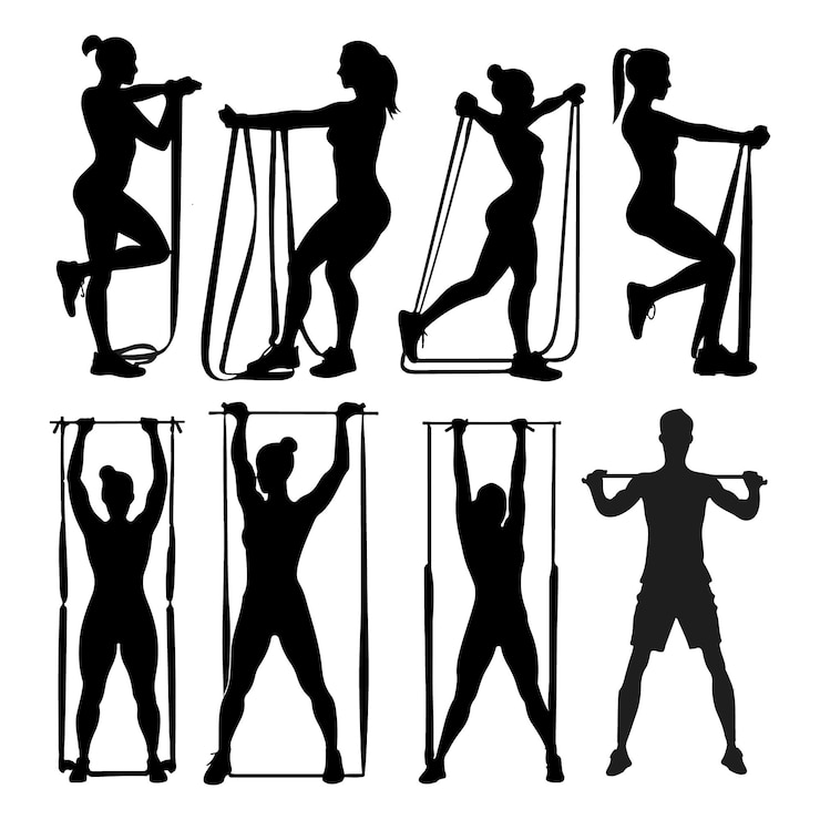 Vector siluetas de fitness que demuestran varios ejercicios de banda de resistencia