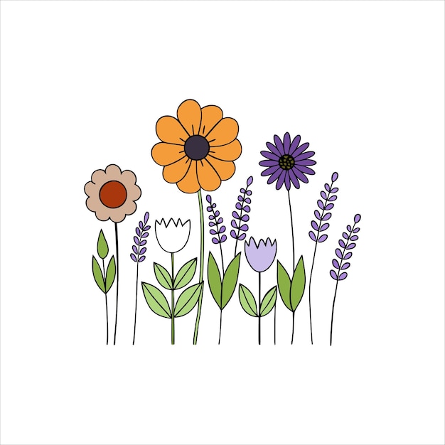 Siluetas de flores silvestres en flor Diseños de prados orgánicos con amapolas girasoles y lavanda