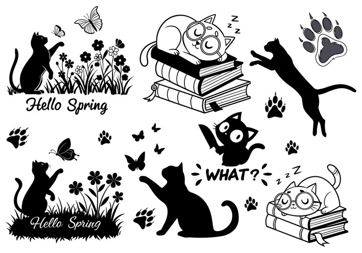 Siluetas de gato negro con mariposas flores silueta de gato linda paquete de primavera C y patas impresas